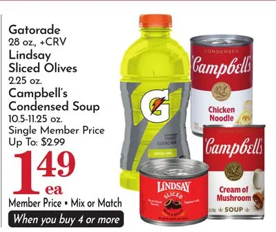 Gatorade 28 oz., +CRV Lindsay Sliced Olives 2.25 oz. Campbell's Condensed Soup 10.5-11.25 oz.