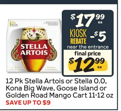 12 Pk Stella Artois or Stella 0.0, Kona Big Wave, Goose Island or Golden Road Mango Cart