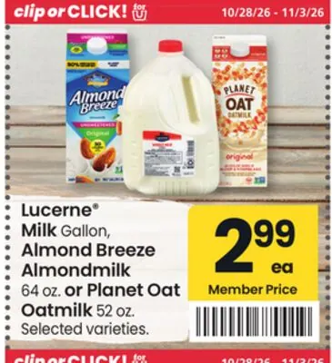 Lucerne® Milk Gallon, Almond Breeze Almondmilk 64 oz. or Planet Oat Oatmilk 52 oz.