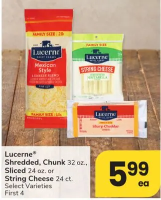 Lucerne® Shredded, Chunk 32 oz., Sliced 24 oz. or String Cheese 24 ct.