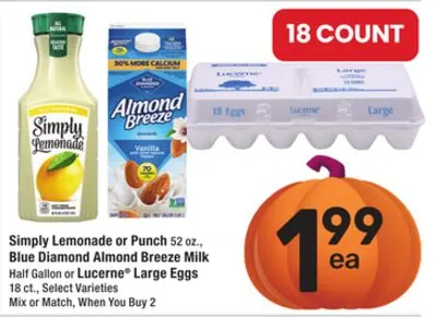 Simply Lemonade or Punch 52 oz., Blue Diamond Almond Breeze Milk Half Gallon or Lucerne® Large Eggs 18 ct.