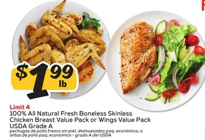100% All Natural Fresh Boneless Skinless Chicken Breast Value Pack or Wings