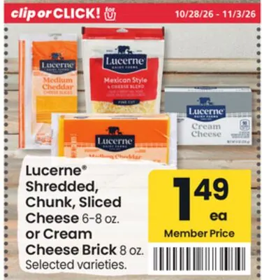Lucerne® Shredded, Chunk, Sliced Cheese 6-8 oz. or Cream Cheese Brick 8 oz.