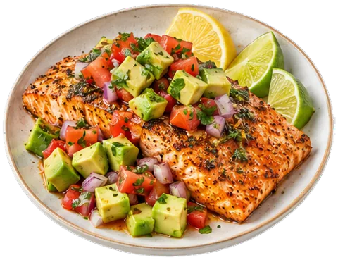 Air Fryer Salmon with avocados with its ingredients