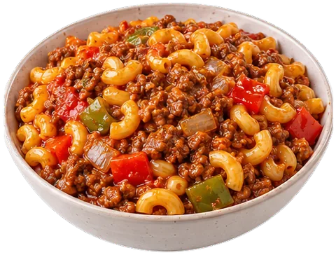 American Chop Suey with ground beef with its ingredients