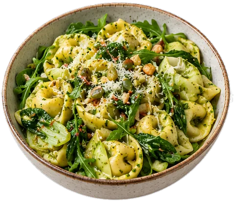Arugula Pesto Tortellini with its ingredients