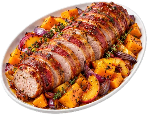 Bacon Wrapped Pork Tenderloin with winter squash (butternut with its ingredients