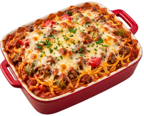 Baked Creamy Spaghetti with its ingredients