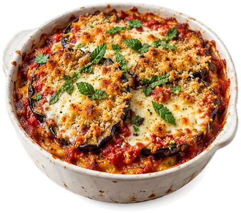 Baked Eggplant Parmesan with its ingredients