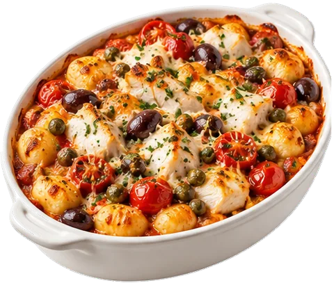 Baked Puttanesca Gnocchi with its ingredients