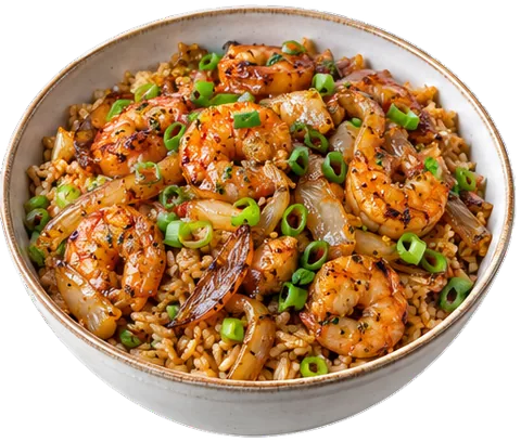 Balsamic Onion Shrimp Rice with its ingredients