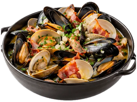 Beer Steamed Mussels with Bacon with its ingredients