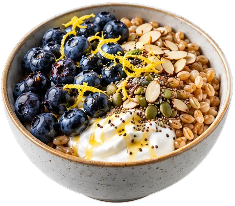 Blueberry Farro Yogurt Bowl with its ingredients