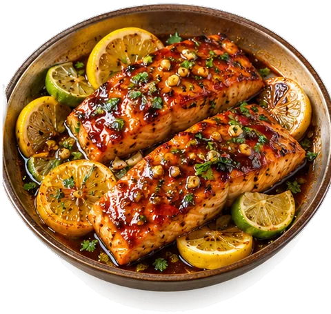 Bourbon Glazed Salmon with lemons and limes with its ingredients