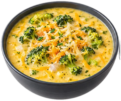 Broccoli Cheese Soup with cheddar and shredded cheese with its ingredients
