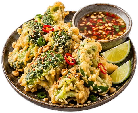Broccoli Tempura with Nuoc Cham with its ingredients