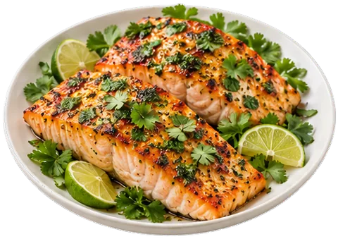 Broiled Salmon with fresh herbs (cilantro with its ingredients