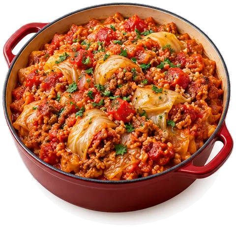 Cabbage Roll Casserole with canned tomatoes with its ingredients