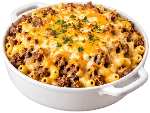 Cheeseburger Casserole with cheddar and shredded cheese with its ingredients