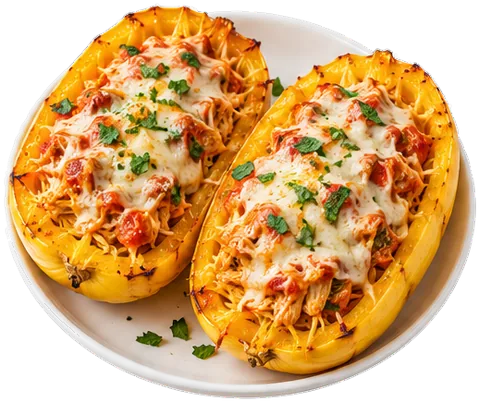 Cheesy Chicken Spaghetti Squash Boats with its ingredients