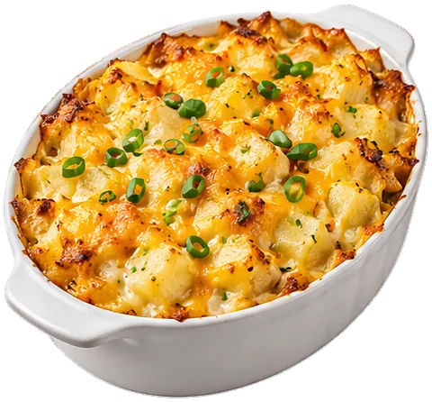 Cheesy Potato Casserole with potatoes with its ingredients
