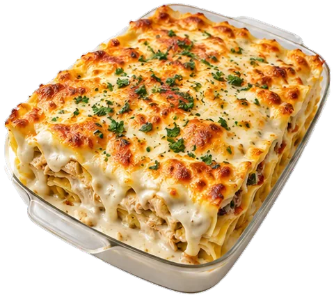 Chicken Alfredo Lasagna with its ingredients