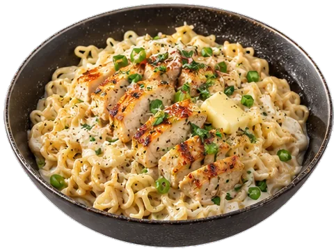 Chicken Alfredo with butter with its ingredients