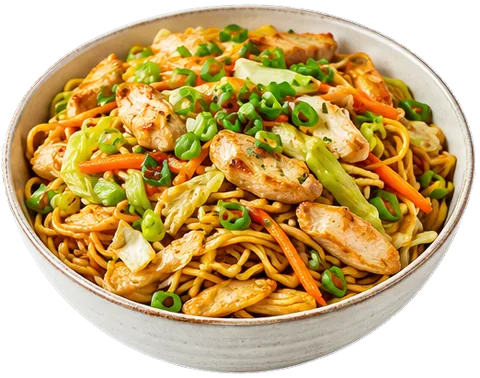 Chicken Chow Mein with green onions with its ingredients