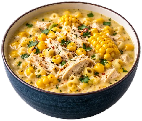 Chicken Corn Pasta Soup with its ingredients