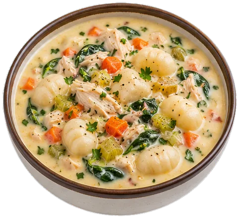 Chicken Gnocchi Soup with heavy cream with its ingredients