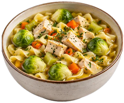 Chicken Noodle Soup with brussels sprouts with its ingredients