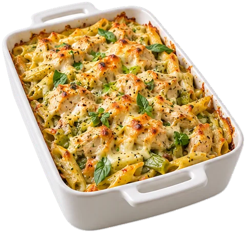 Chicken Pesto Pasta Bake with its ingredients