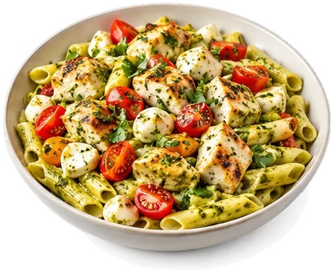 Chicken Pesto Pasta with mozzarella with its ingredients