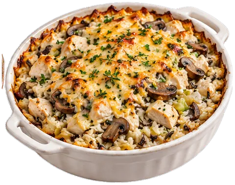 Chicken Rice Casserole with mushrooms with its ingredients
