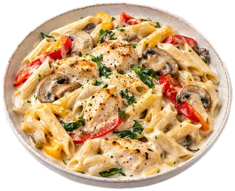Chicken Vegetable Penne Alfredo with its ingredients