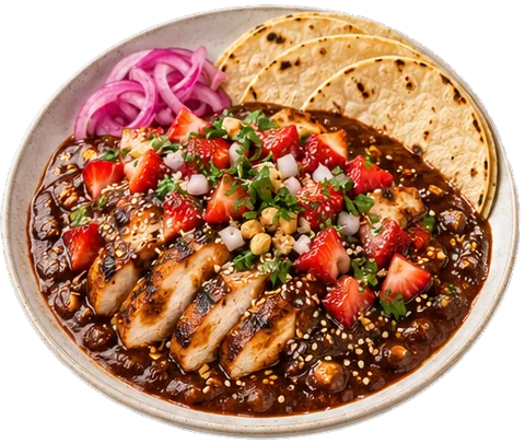 Chicken with Strawberry Mole with its ingredients
