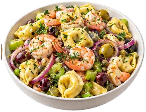 Chilled Shrimp Tortellini Salad with its ingredients