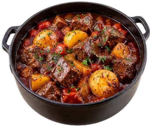 Chocolate Red Wine Beef Stew Potatoes with its ingredients