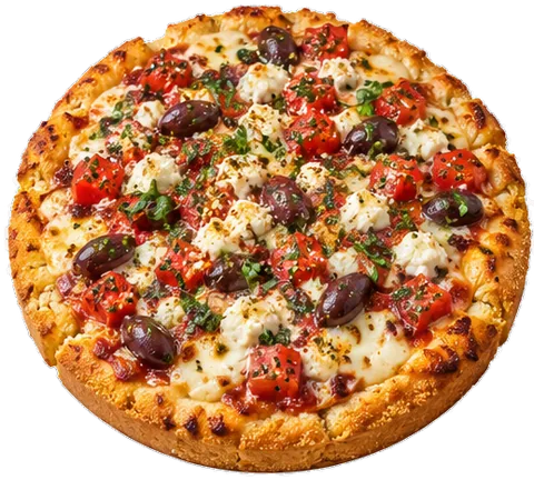 Chunky Greek Pizza with its ingredients