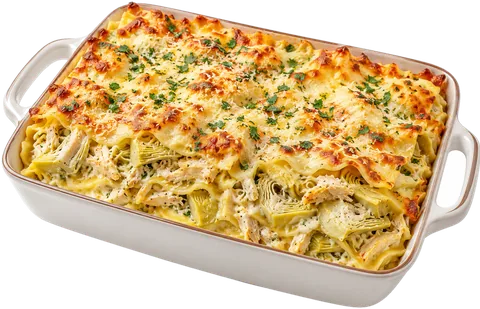 Creamy Chicken Artichoke Lasagna with its ingredients