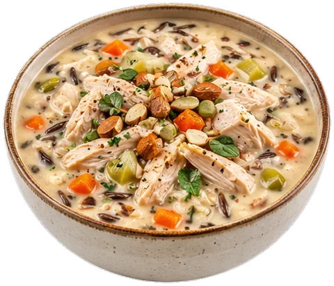 Creamy Chicken Wild Rice Soup with nuts and seeds with its ingredients