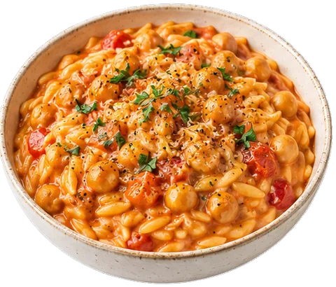 Creamy Chickpeas and Orzo with its ingredients