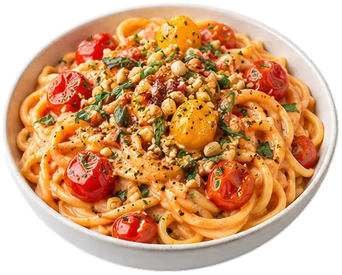 Creamy Garlic Tomato Pasta with its ingredients