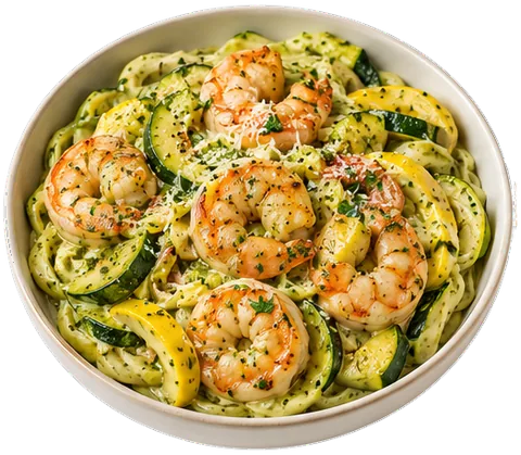 Creamy Pesto Shrimp Noodles with its ingredients
