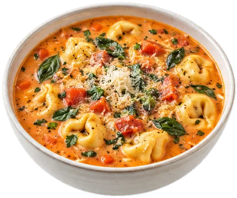 Creamy Tomato Basil Tortellini Soup with its ingredients
