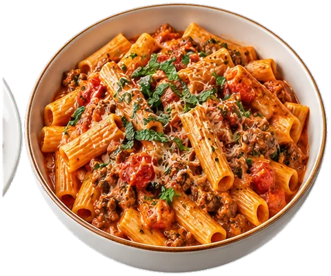 Creamy Tomato Beef Pasta with its ingredients