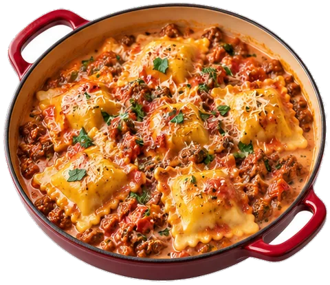 Creamy Tomato Beef Ravioli with its ingredients