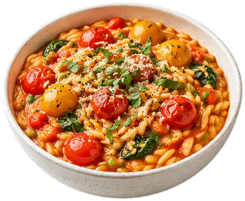 Creamy Tomato Orzo with cherry and grape tomatoes with its ingredients