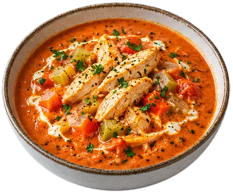 Creamy Tomato Soup with chicken breast with its ingredients