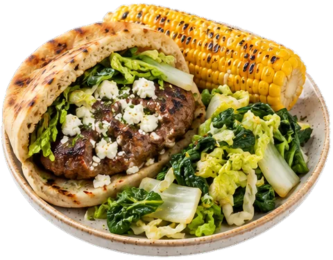 Feta Stuffed Burger and Corn with its ingredients